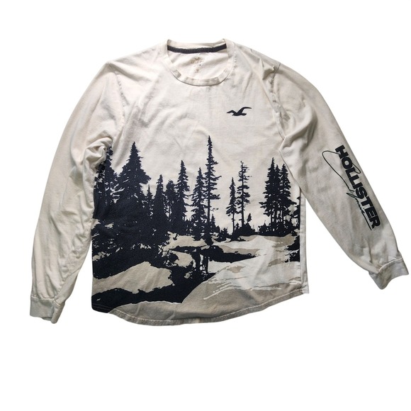 Hollister Other - Hollister Mens Long Sleeve Graphic Tee Cream Pine Forest Landscape Print Large